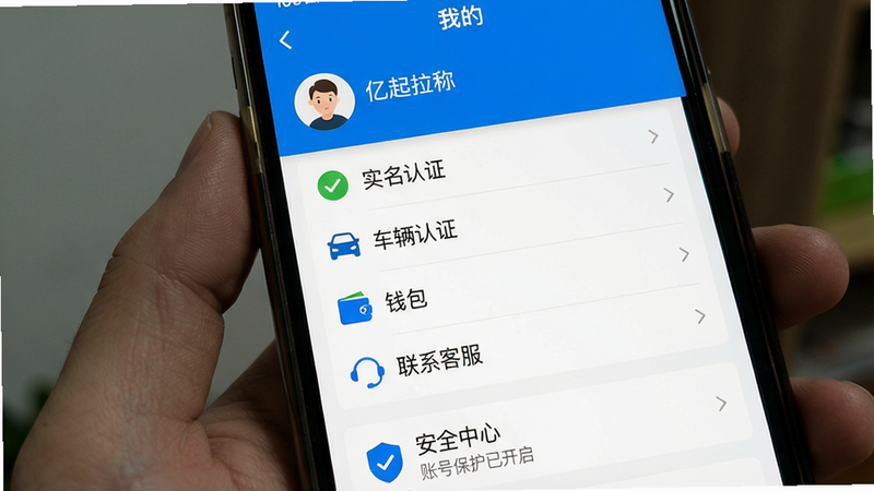 主体为一张手机截图显示亿起拉APP内“我的”页面,页面有“实名认证”“车辆认证”“钱包”“联系客服”等选项,顶部显示用户头像和昵称。布局:列表式,每个选项带小图标。排版:白色背景,蓝色主题色,字体清晰。风格:简洁个人中心。细节:页面底部有“安全中心”入口,显示“账号保护已开启”。画质:超清,无多余元素。