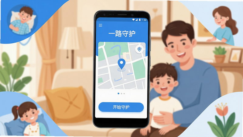 画面主体为一部安卓手机屏幕显示“一路守护”应用主界面,背景是温馨的家庭场景,父母与孩子微笑,手机界面突出实时定位地图和守护按钮。布局采用手机居中,四周环绕家庭元素。排版:手机屏幕展示清晰的UI,中间有地图,底部有“开始守护”按钮。风格:扁平化、清新明亮,色调以蓝色和白色为主,细节:手机界面上的文字“一路守护”清晰可见,画质:高清、干净、无多余元素。