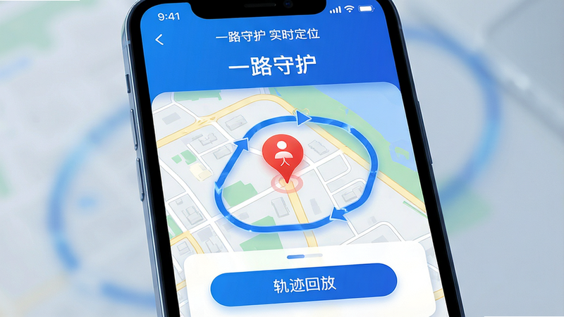 画面主体:一部手机屏幕上显示实时地图,地图上有一个红色定位图标代表被守护人,周围有蓝色轨迹线,顶部显示“一路守护”字样。布局:手机屏幕占画面中央,地图细节清晰,轨迹线弯曲。排版:屏幕上方有状态栏显示“一路守护 实时定位”,下方有“轨迹回放”按钮。风格:科技感卡片式设计,蓝色调。细节:定位图标带有“人”形符号,画质:高清、干净、无多余元素。