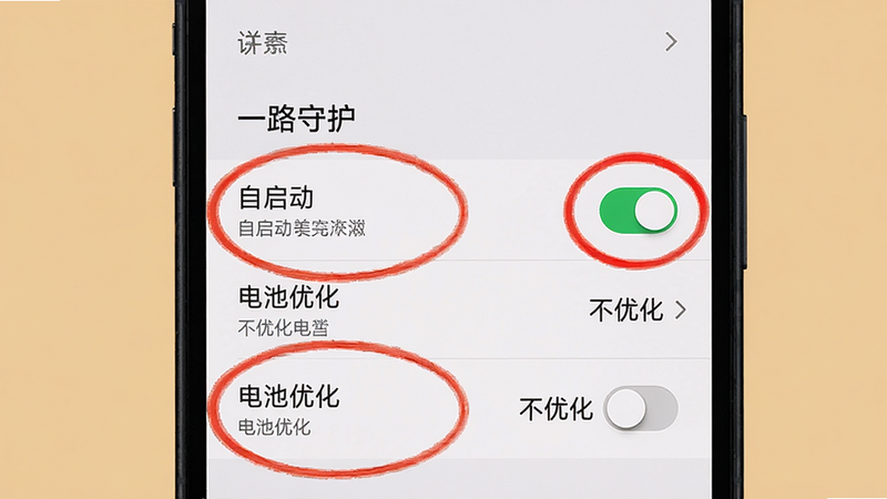 画面主体:手机设置界面,显示“一路守护”的应用权限列表,其中“自启动”开关已打开,“电池优化”设置为“不优化”。布局:手机屏幕占画面中央,背景为纯色。排版:权限列表从上到下排列,高亮显示“自启动”和“电池优化”两项。风格:系统设置截图风格,真实UI。细节:红色圆圈标注关键权限项,文字说明。画质:高清、干净、无多余元素。