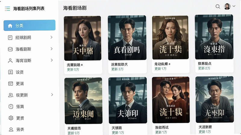 一张展示海看剧场剧集列表的截图,左侧为分类导航栏,右侧显示多个剧集封面,封面下方标注剧名和更新状态,整体采用卡片式布局,风格清新,画面干净。