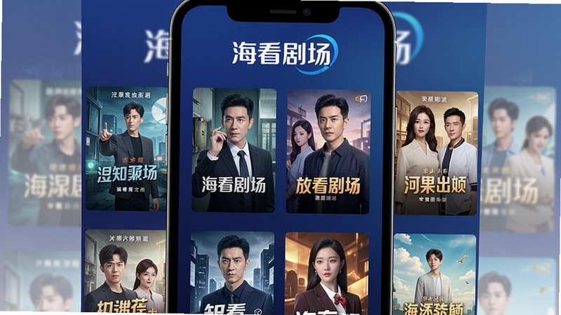 一张手机屏幕截图,显示海看剧场APP的主界面,顶部有“海看剧场”Logo,下方以网格形式排列多个短剧封面,封面风格多样,背景为深蓝色渐变,整体布局整洁,画质清晰,无多余元素。