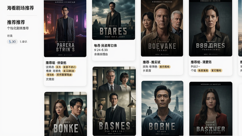 一张海看剧场推荐页面的截图,以瀑布流形式展示推荐剧集,每个卡片包含封面、标题和推荐理由标签,背景为白色,风格干净现代,突出个性化推荐。