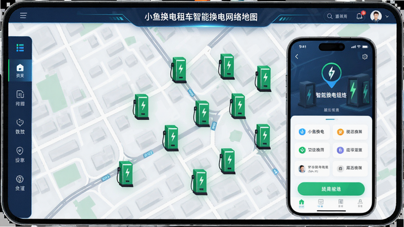 小鱼换电租车智能换电网络地图界面,城市地图上分布绿色换电柜图标,用户手机屏幕,布局清晰,科技感风格,高清画质,干净