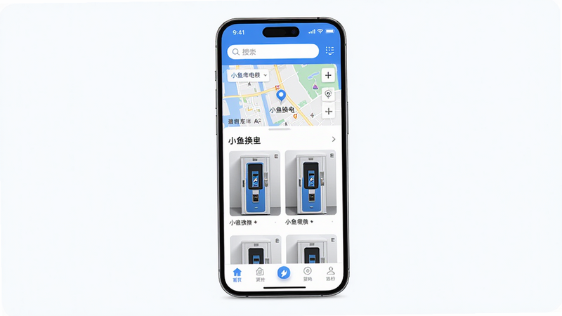 小鱼换电租车APP主界面预览图,主体为智能手机屏幕,显示软件首页,顶部搜索框和地图,中部换电柜列表,底部导航栏,风格简洁现代,蓝色和白色为主色调,高清画质,干净无多余元素