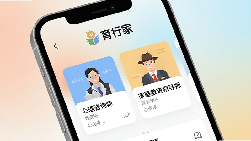一幅手机屏幕显示“育行家”APP主界面,顶部有“育行家”Logo,下方展示“心理咨询师”“家庭教育指导师”课程卡片,背景为柔和的渐变色,界面扁平简洁,画质清晰,无多余元素。