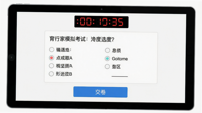 育行家模拟考试界面,屏幕上方显示倒计时,中间为选择题题干与选项,下方有“交卷”按钮,背景为白色,字体清晰,无杂乱元素。