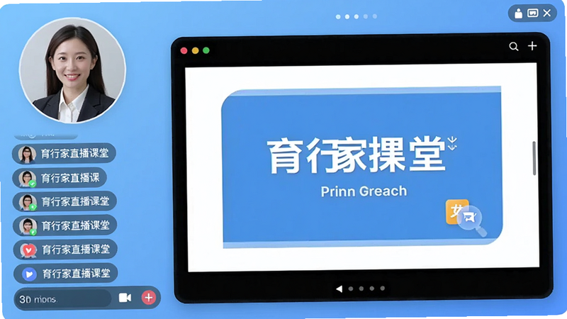 育行家直播课堂截图,讲师头像在左上角,下方有聊天窗口和课件展示区,整体风格简洁明快,画质高清。