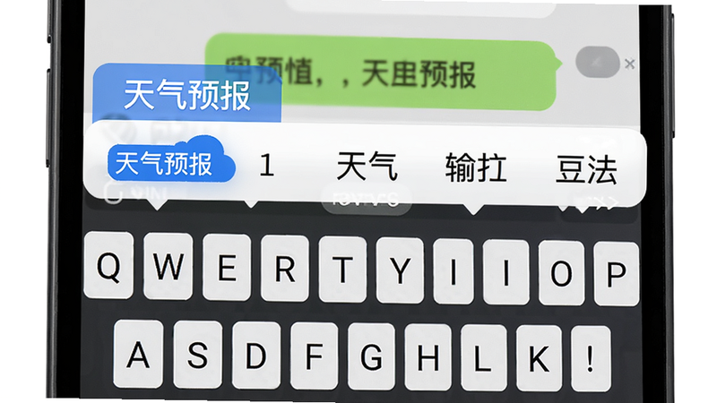 豆包输入法AI智能预测功能演示图,手机屏幕上键盘上方弹出五个候选词,第一个候选词“天气预报”被蓝色高亮,背景为聊天界面,字体清晰,画面干净,高清画质。