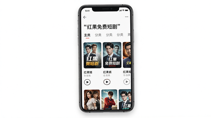 主体为手机屏幕展示“红果免费短剧”App主界面,布局居中,排版清爽,风格现代扁平化,细节包括剧集封面缩略图、播放按钮、分类导航栏,画质高清干净,图片中文字“红果免费短剧”加引号,无多余元素