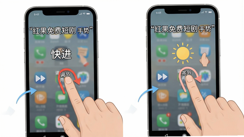 主体为手机操作手势示意图,布局分左右两幅,排版清晰,风格简约教程风,细节显示手指滑动方向和对应功能文字“快进”“调节亮度”,画质干净,图片中文字“红果免费短剧 手势”加引号,无多余元素