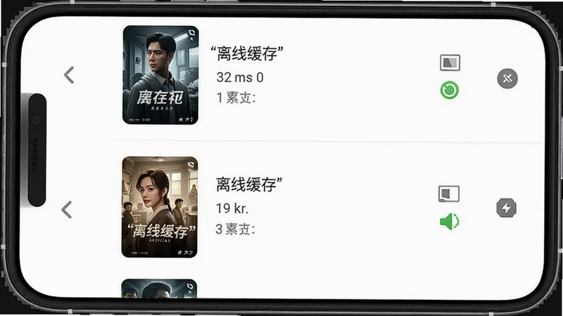主体为手机缓存管理页面,布局列表式,排版规整,风格实用,细节显示已缓存剧集封面、大小、状态图标,画质干净,图片中文字“离线缓存”加引号,无多余元素