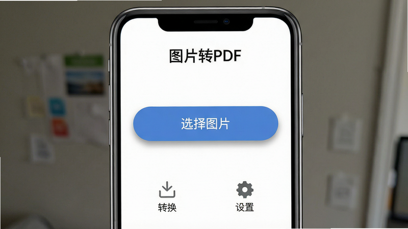 一张手机屏幕截图,主体为“图片转PDF”软件主界面,顶部居中显示软件名称“图片转PDF”,中部为“选择图片”大按钮,底部有“转换”和“设置”图标,背景为白色简洁风格,整体排版清晰现代,细节上按钮带有圆角阴影,画质高清干净无多余元素