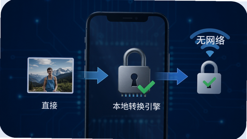 一张概念示意图:手机内部数据流箭头显示图片直接进入本地转换引擎,旁边有“无网络”标志和锁形图标,背景深蓝色,风格科技感,布局居中,细节上锁形图标带有绿色对号,画质清晰