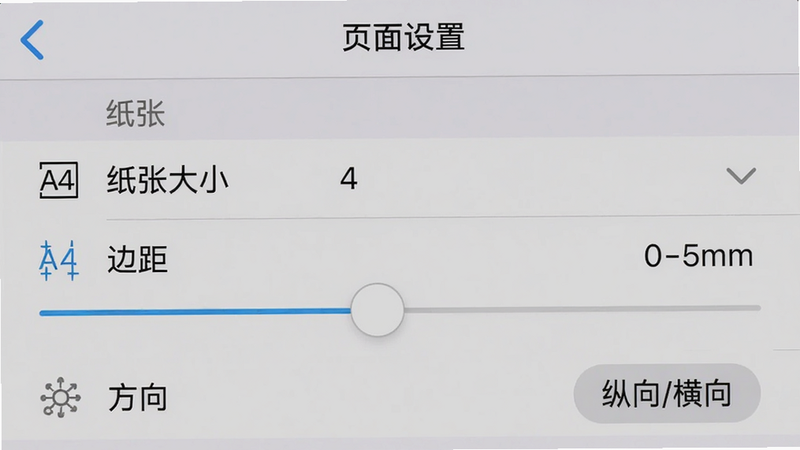 手机设置界面截图,显示“页面设置”选项,包括“纸张大小”下拉菜单(当前选中A4)、“边距”滑块(0-5mm)、“方向”按钮(纵向/横向),背景浅灰色,排版精细,风格干净,细节上设置项有图标辅助说明