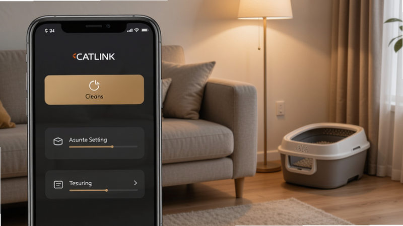 CATLINK远程控制界面,手机屏幕显示清理按钮和定时设置,背景为客厅沙发,智能猫砂盆在角落,暖色调灯光,高清画质,干净整洁