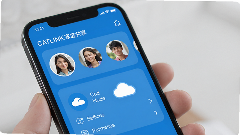 CATLINK家庭共享界面,手机显示多个家庭成员头像及权限设置,云朵图标表示云端同步,蓝色主色调,简洁干净,高清画质