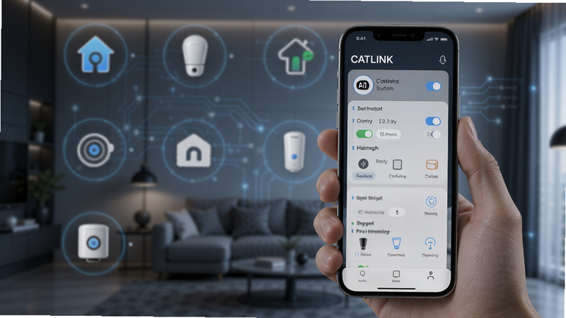 CATLINK智能联动界面,手机显示场景模式切换列表,背景为智能家居设备图标,现代科技感,画质高清,无多余元素