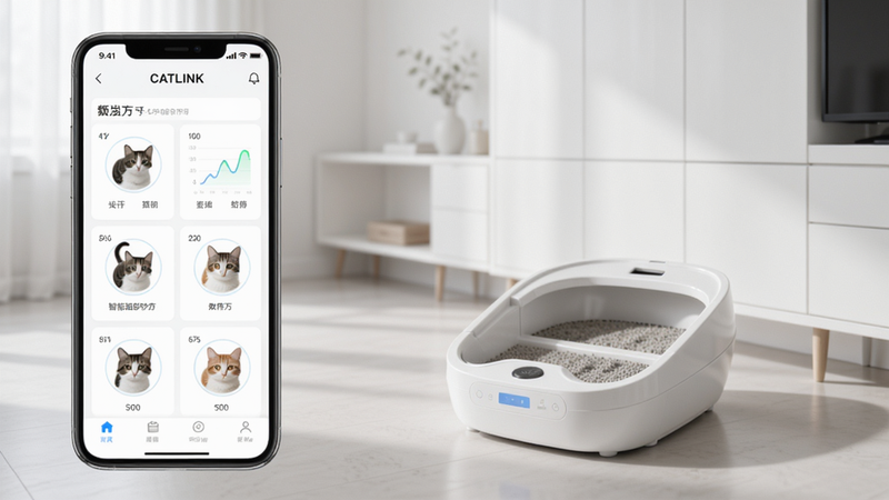 CATLINK智能猫砂盆APP界面,手机屏幕上显示多只猫咪的如厕统计数据,背景是白色智能猫砂盆,现代简约家居风格,画质细腻,干净明亮,无多余元素