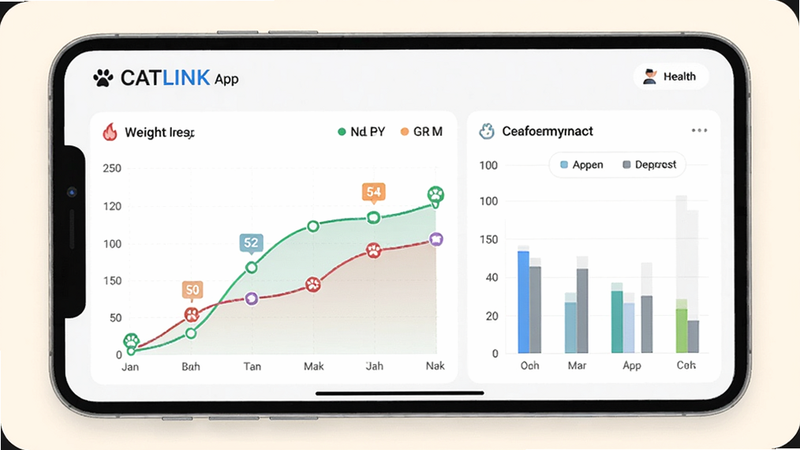 CATLINK App健康监测界面,展示多只猫咪的体重变化曲线和如厕频率统计,图表清晰,颜色区分不同猫咪,背景为浅色,风格简洁现代,高清画质
