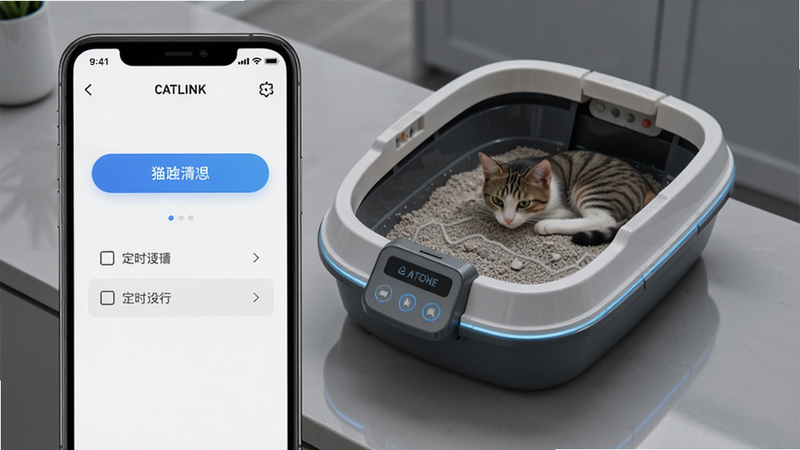 CATLINK App远程控制界面,手机屏幕上显示猫砂盆清理按钮、定时设置选项,背景为猫砂盆实物,现代科技风,高清画质