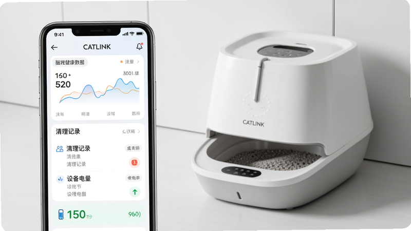 CATLINK智能猫砂盆App主界面,手机屏幕上显示猫咪健康数据图表、清理记录列表、设备电量状态,背景是简约的智能猫砂盆实物,风格清新现代,高清画质,画面干净无杂物