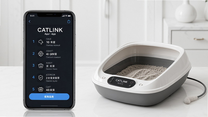 CATLINK App使用指南场景图,手机显示操作步骤界面,旁边放置智能猫砂盆实物,背景干净,高清画质