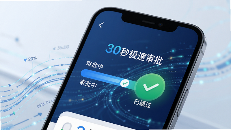 手机屏幕上展示中银消费金融的审批进度界面,一个蓝色进度条从“审批中”过渡到“已通过”,旁边有“30秒极速审批”字样,背景带有流动的科技感数据线条,整体风格科技简约,画质清晰明亮,无多余元素,突出快速审批概念。