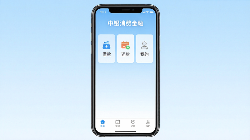 一张展示中银消费金融APP主界面的高清截图,手机居中放置,屏幕顶部有“中银消费金融”品牌字样,中部展示“借款”“还款”“我的”三大功能模块,底部导航栏清晰,背景为浅蓝色渐变,整体风格现代简约,画质细腻干净,无多余元素,突出应用核心界面布局。