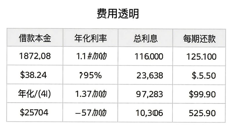 中银消费金融费用明细页面截图,以表格形式列出“借款本金”“年化利率”“总利息”“每期还款”等字段,数值清晰,背景白色,表格边框为浅灰色,顶部有“费用透明”标题,整体风格正式清晰,画质干净,无多余元素。