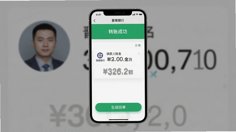 画面主体为手机屏幕展示“晋商银行”转账成功页面,背景为对应用户头像与转账金额数字。布局:顶部“转账成功”绿色提示,中间收款人姓名与金额,底部“生成回单”按钮。风格为简洁清爽的UI截图,细节包括金额数字的字体阴影、按钮高亮状态。画质清晰,无多余元素。