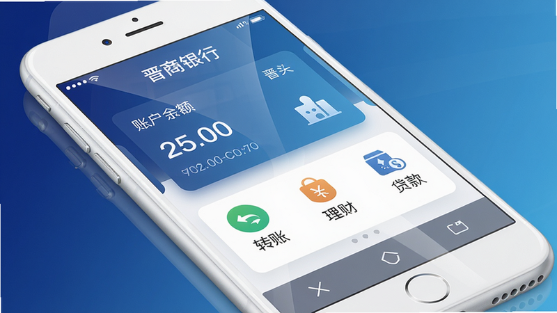 画面主体为一部白色智能手机屏幕,屏幕上显示“晋商银行”手机银行App首页界面,布局上方为账户余额卡片,下方有“转账”、“理财”、“贷款”等快捷功能图标。整体风格为现代扁平化UI,背景为渐变的晋商蓝(深蓝到浅蓝),细节清晰展现手机边框、屏幕反光以及虚拟按键。画质高清,干净无多余元素。