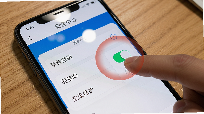 画面主体为一张手机横屏操作演示图,手机屏幕显示晋商银行App内“安全中心”页面,布局有“手势密码”、“面容ID”、“登录保护”三个开关。风格为真实手机截图加半透明红色圆圈标注重点区域。细节包括手指点击“面容ID”开关的瞬间,高光反射在屏幕上。画质高清,背景为木纹桌面,无多余杂物。
