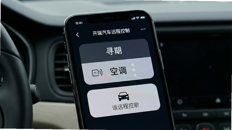 一张手机远程控制开瑞汽车的界面,主体为手机屏幕显示远程控制面板,布局整洁,包含解锁、空调、寻车按钮,风格现代简约,细节按钮有图标文字“开瑞汽车远程控制”,画质高清,干净无多余元素。