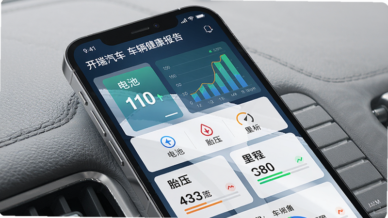 一张开瑞汽车APP车况监测界面,主体为手机屏幕显示车辆健康报告图表,布局采用卡片式设计,包含电池、胎压、里程等数据,风格科技感,细节有“开瑞汽车”字样,画质高清,干净无多余元素。