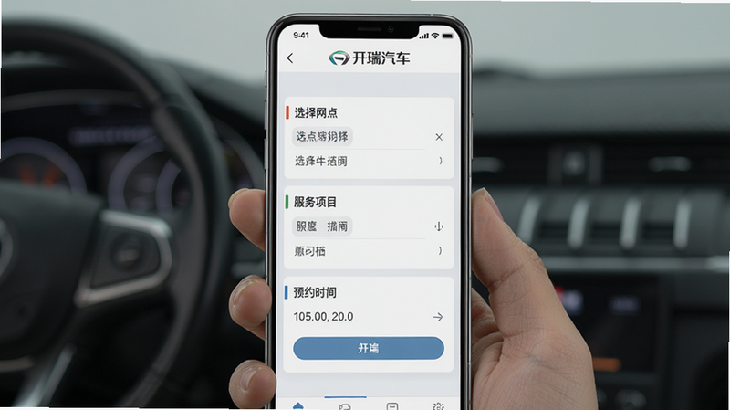 一张开瑞汽车APP服务预约界面,主体为手机屏幕显示预约表单,布局从上到下依次为选择网点、服务项目、预约时间,风格清爽,细节有“开瑞汽车”logo,画质清晰,干净无多余元素。