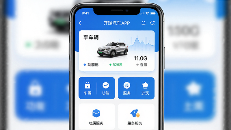一张展示开瑞汽车APP主界面截图,主体为手机屏幕显示APP首页,布局居中,包含车辆状态卡片、功能快捷键、服务入口,风格科技蓝白配色,细节清晰,画质高清,干净无多余元素。