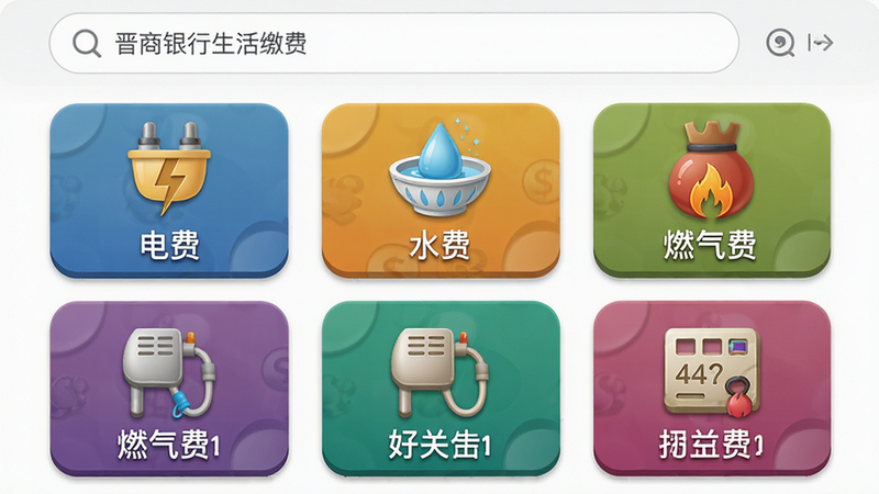 主体:晋商银行手机银行生活缴费页面;布局:顶部搜索框,下方图标矩阵排列;排版:九宫格图标,每个图标配文字;风格:拟物化与扁平结合,色彩丰富;细节:显示“电费”“水费”“燃气费”等图标;画质:高清,背景纯白