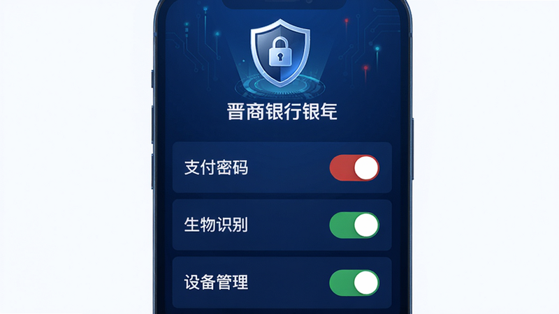 主体:晋商银行手机银行安全中心界面;布局:顶部盾牌图标,下方功能开关列表;排版:列表开关,红绿指示灯;风格:安全科技风,深蓝色背景;细节:显示“支付密码”“生物识别”“设备管理”等;画质:干净,无多余元素