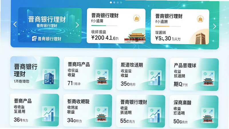 主体:晋商银行手机银行理财专区;布局:上方轮播图展示热门产品,下方网格列表;排版:网格卡片式,每张卡片含产品名、收益、期限;风格:清新科技风,蓝绿渐变;细节:标注“晋商银行理财”字样;画质:超清,无杂乱元素