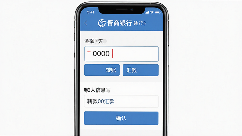 主体:晋商银行手机银行转账界面;布局:中间为转账金额输入框,下方为收款人信息填写区;排版:表单式布局,字段清晰;风格:商务简洁,蓝色按钮;细节:显示“转账”“汇款”字样,以及“确认”按钮;画质:干净无广告