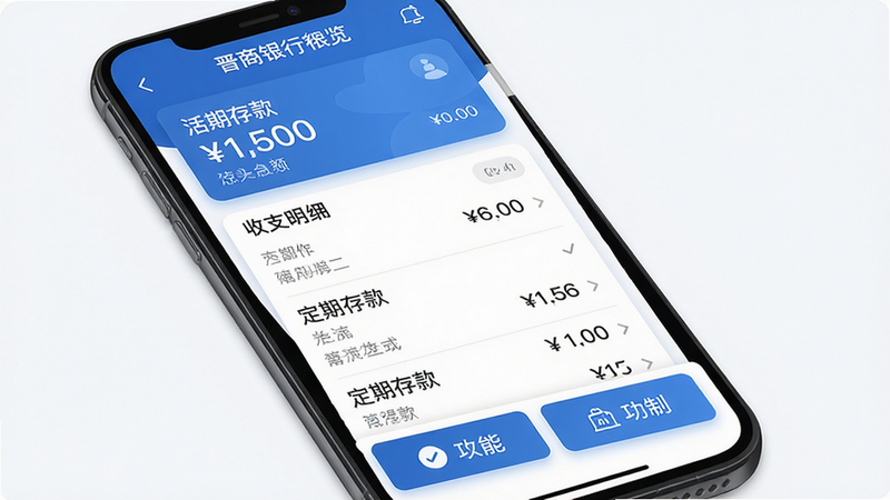 主体:晋商银行手机银行账户总览界面;布局:顶部余额卡片,中部收支明细列表,底部功能按钮;排版:列表式布局,卡片突出;风格:扁平化设计,蓝色主调;细节:显示“活期存款”“定期存款”等分类,数字清晰;画质:高清,干净背景