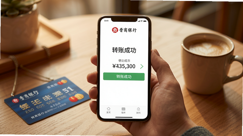 主体:晋商银行手机银行使用场景示意,手机屏幕上显示转账成功界面,旁边有银行卡和咖啡杯;布局:手机居中,周围有温馨生活元素;排版:透视构图,手机屏幕清晰可见“转账成功”字样;风格:写实摄影风,暖色调;细节:手机屏幕显示晋商银行logo和金额;画质:超高清,无杂乱背景