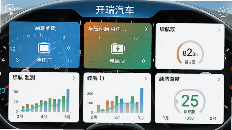 开瑞汽车APP车况监测界面,显示胎压、电瓶、续航等数据图表,背景为开瑞汽车仪表盘风格,界面布局清晰,色彩明快,高清画质