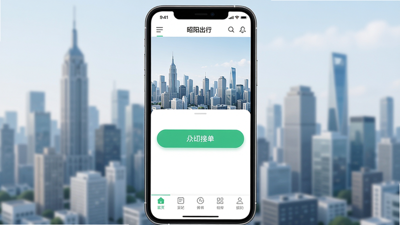 昭阳出行司机端app界面,显示主页面接单按钮,顶部导航栏,底部功能菜单,城市背景,风格现代简约,细节清晰,画质高,干净无多余元素