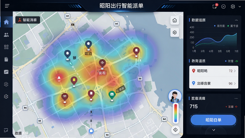 昭阳出行智能派单界面,地图上显示热力图和订单标记,司机点击抢单,界面清爽,数据可视化,风格科技感,细节丰富,画质清晰
