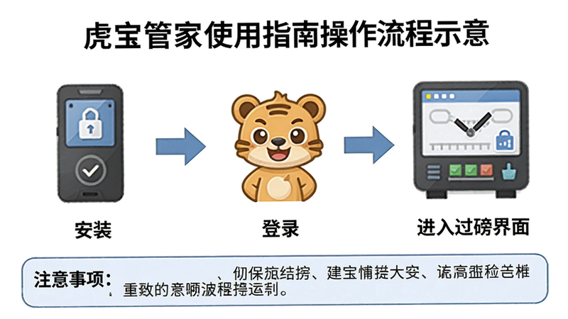 虎宝管家使用指南操作流程示意,从左到右三步:安装、登录、进入过磅界面,步骤箭头指示,底部有注意事项文字框,风格图文教程,画质清晰简洁,无多余元素