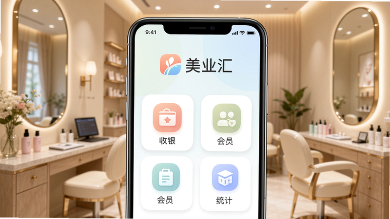 主体:美业汇APP主界面,布局:手机屏幕居中展示,屏幕内显示‘美业汇’Logo及收银、会员、统计等功能图标,背景为温馨的美容院环境,风格:清新简洁,色彩柔和,细节:图标清晰,界面干净,画质高清,无多余元素。