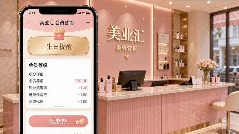 主体:美业汇会员营销界面,布局:手机屏幕显示会员等级、积分明细、优惠券列表,背景为美容院前台,风格:温馨时尚,色彩:粉金色调,细节:有‘生日提醒’字样,界面友好,画质高清,无多余杂物。