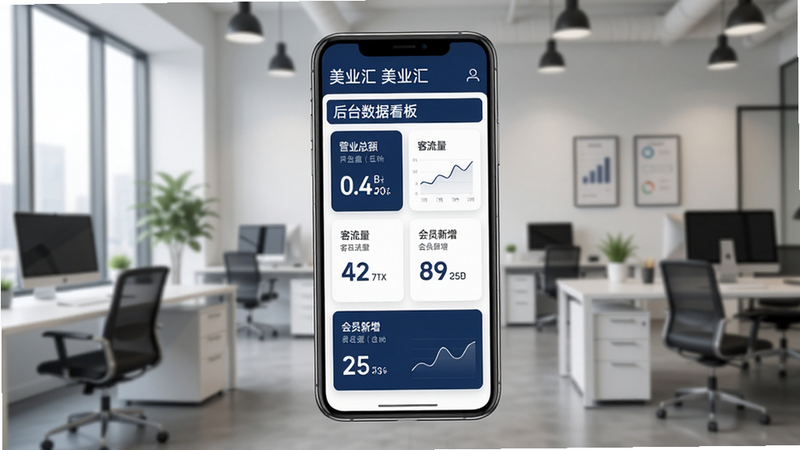 主体:美业汇老板后台数据看板,布局:手机屏幕显示营业总额、客流量、会员新增等关键指标,背景为办公室环境,风格:商务简洁,色彩:深蓝与白色,细节:数据以卡片形式排列,清晰易读,画质高清,无多余元素。